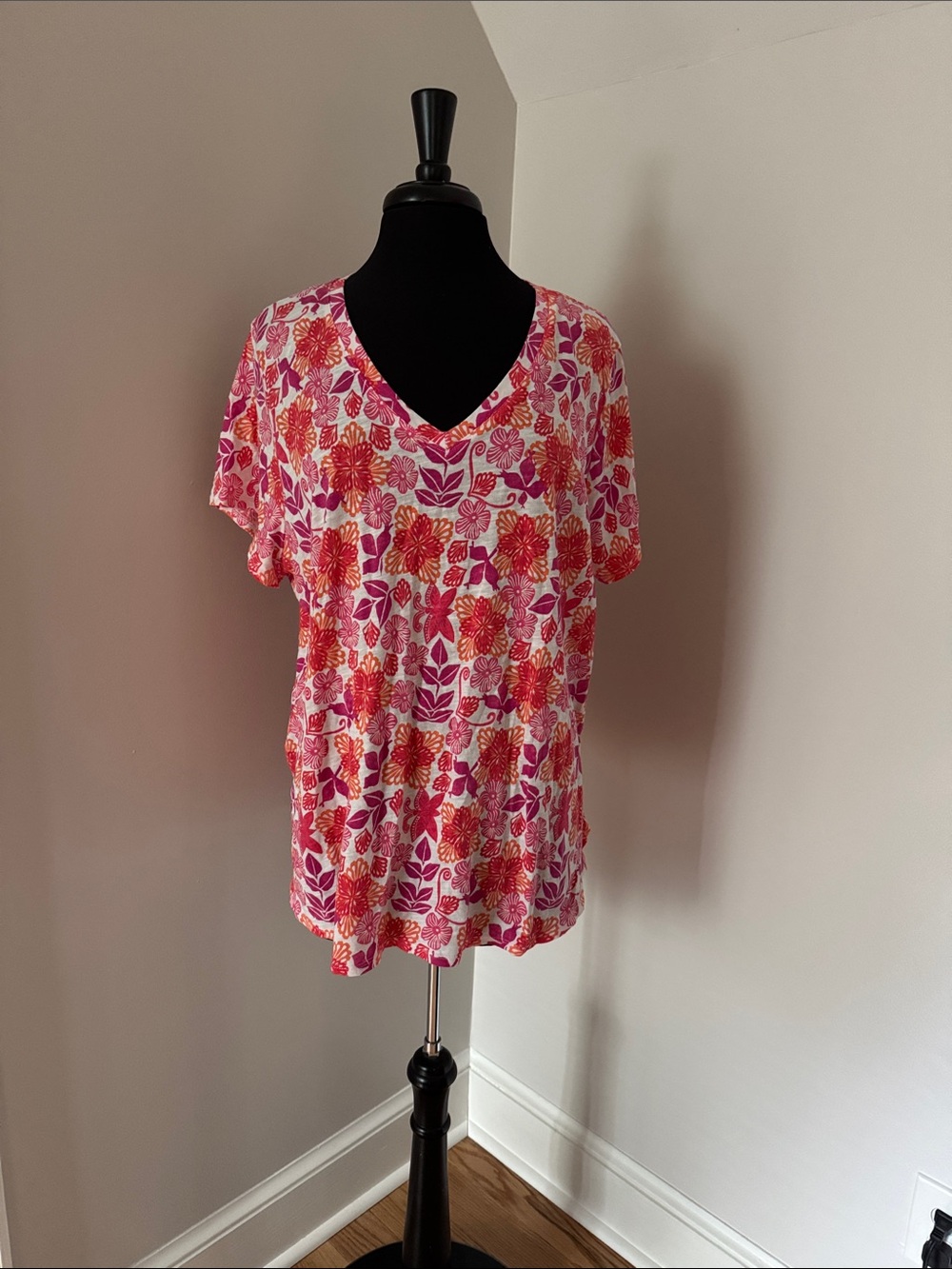 Sigrid Olsen Pink & Orange Floral V-Neck Short Sleeve Top EUC Size 2X